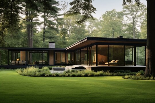 One-story residence embraced by verdant field encircled by woods. Generative AI