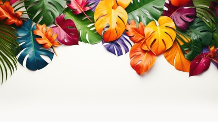 vibrant tropical leaves against a clean white background. The composition embody a minimalistic, exotic concept, leaving ample space for text or design elements