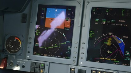 Tracking shot of pilot's main displays and warning system inside private jet cockpit. Hawker 750 demonstrating advanced avionics for luxury passenger aircraft - Powered by Adobe