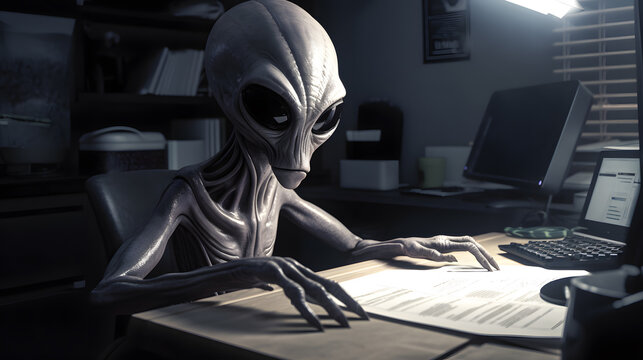 alien working in the office portrait, generative ai