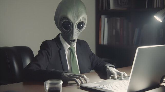 alien working in the office portrait, generative ai