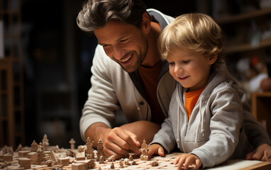 Obrazy na Plexi  radośni ojciec i syn razem bawią się klockami