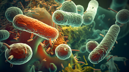 microbiology under microscope, generative AI - obrazy, fototapety, plakaty