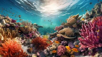 Naklejka na ściany i meble Abundant marine biodiversity marine ecosystem coral reef photography image AI generated art