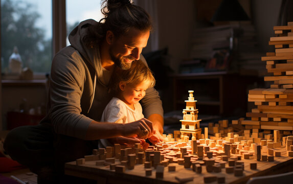 radośni ojciec i syn razem bawią się klockami