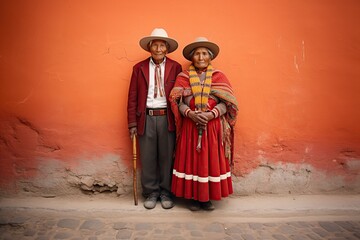 native couple peruvian man wearing traditional dress - obrazy, fototapety, plakaty