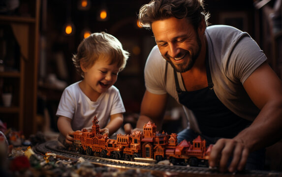 radośni ojciec i syn razem bawią się klockami