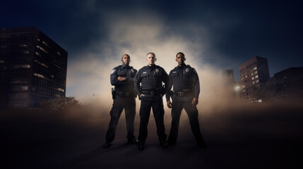 Three multiracial police officers looking like super heroes