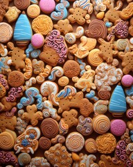 Fototapeta na wymiar Vibrant backdrop featuring a diverse assortment of sweet cookies in various colors and shapes.