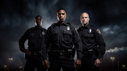 Naklejka premium Three multiracial police officers looking like super heroes