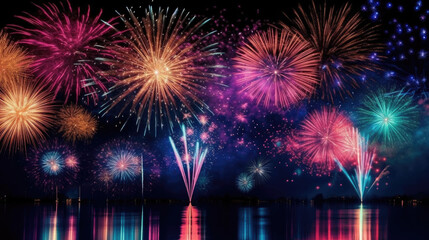 Colorful firework background. New Year celebration background. Generative ai
