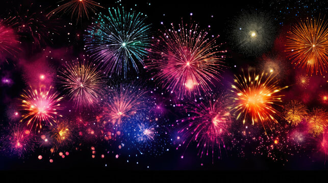 Colorful firework background. New Year celebration background.
