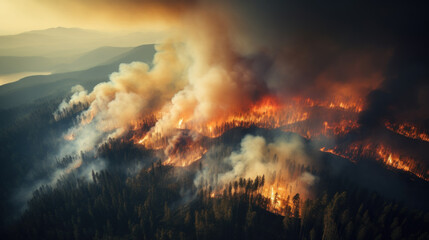 Massive wild forest fire in mountains, aerial view - obrazy, fototapety, plakaty