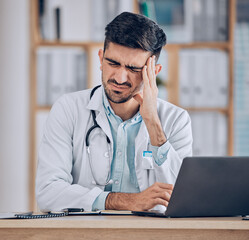Man, doctor and headache in stress, debt or mistake from burnout, pain or deadline at the hospital. Frustrated male person or medical employee in anxiety, depression or mental health at the clinic