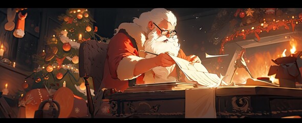 christmas santa Claus reading a christmas list near christmas tree Generative AI - obrazy, fototapety, plakaty