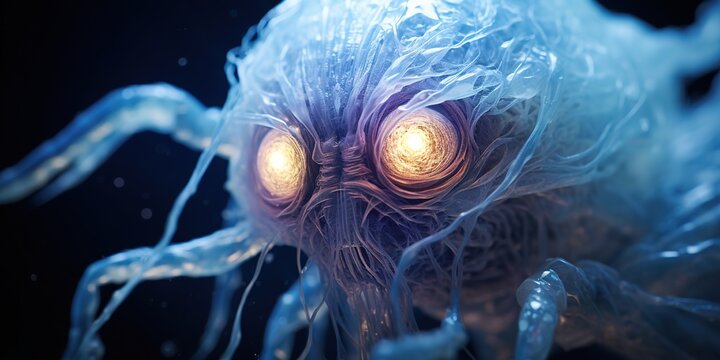 The mesmerizing eyes of an alien creature are captured in vivid detail, each iris a swirling galaxy of colors, with depth and mystery suggesting intelligence beyond comprehension