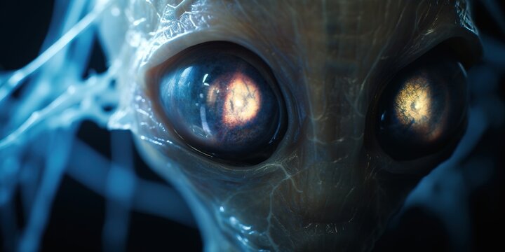 The mesmerizing eyes of an alien creature are captured in vivid detail, each iris a swirling galaxy of colors, with depth and mystery suggesting intelligence beyond comprehension