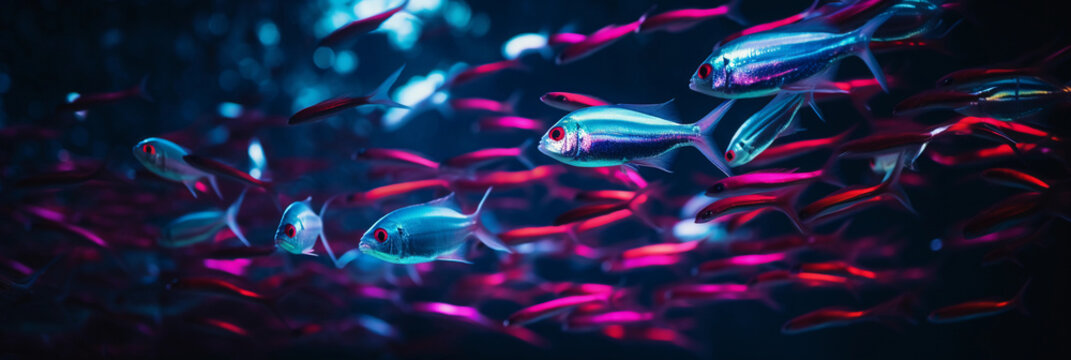 A school of Neon Tetra, photorealistic, shimmering in sync, dark aquatic background, ambient lighting