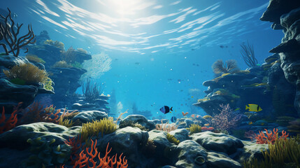 Fototapeta na wymiar An immersive underwater scene featuring photorealistic Damselfish, in a lively coral ecosystem, varying depth-of-field, magical ambient lighting