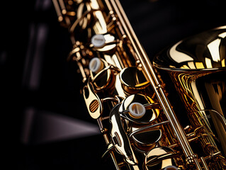 saxophone mouthpiece, reed, and keys, reflective golden surface, studio lighting, dark background