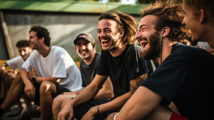 Group of skateboarders chilling, candid laughter, diverse crew, background of skate park ramps and spectators