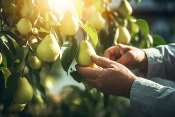 Hands picking pears from tree branch. Close up shot