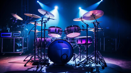 Jazz drum set under neon blue and purple lights, cymbals shimmering, Remo drumheads, stage setup - obrazy, fototapety, plakaty