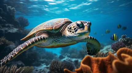 Fototapeta premium green sea turtle, gracefully swimming among coral reefs, dappled sunlight, piercing blue water