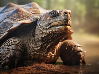 Fototapeta na wymiar snapping turtle, muddy swamp background, texture emphasized