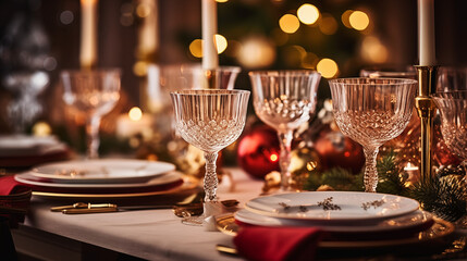 Fototapeta na wymiar A luxury New Year's Eve dinner set-up with fine china and crystal glassware, Happy New Year dinner, blurred background, with copy space