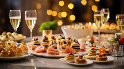 Fototapeta premium An array of mini appetizers and canapés for a chic New Year's Eve, Happy New Year dinner, blurred background, with copy space
