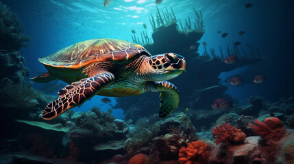 Obraz premium hawksbill turtle, intricate shell patterns, gliding over a shipwreck, ambient underwater lighting