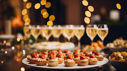 An array of mini appetizers and canapés for a chic New Year's Eve, Happy New Year dinner, blurred background, with copy space