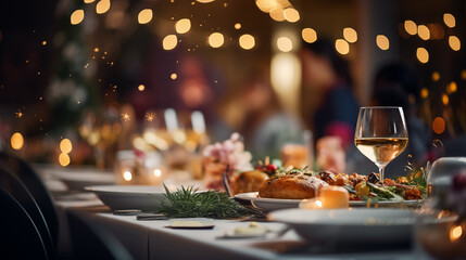 A modern take on traditional New Year's dishes, Happy New Year dinner, blurred background, with copy space
