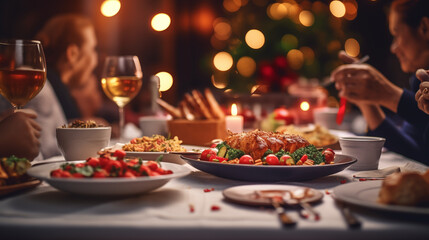 A traditional New Year's dinner from a specific culture, showing off ethnic cuisine, Happy New Year dinner, blurred background, with copy space