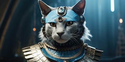 Close-up of a feline-like alien with radiant blue fur and large, almond-shaped golden eyes, wearing an ancient Egyptian beaded collar and headdress, against hieroglyph-etched walls - obrazy, fototapety, plakaty