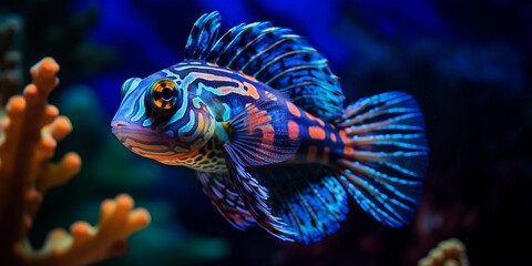 Fototapeta na wymiar Mandarinfish, glowing in twilight, bioluminescent detailing, swimming over a sandy bottom