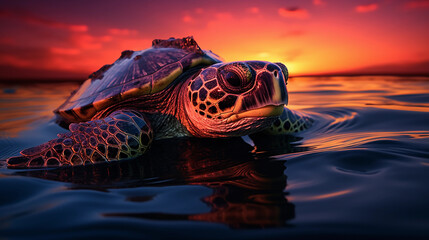 leatherback turtle, floating on ocean surface, sunset reflecting off carapace
