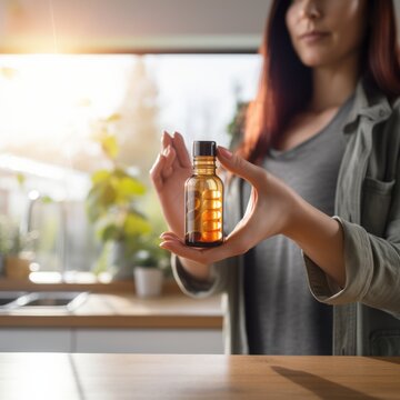 The background of a kitchen complements the image of a hand holding a supplement bottle.