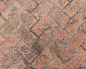 Herringbone pattern of brick path, grungy and dirty walkway, textured background or wallpaper