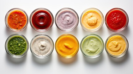 various sauces presented in separate jars, a top-down view of these condiments displayed on a light surface, emphasizing the indulgence of unhealthy food choices.