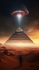 Giant pyramids of Egypt, with a massive hovering spaceship UFO casting a shadow, ancient aliens