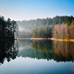 Calm Lake Mirroring the Forest Surroundings