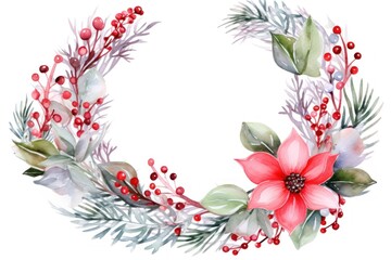 Cute watercolor Christmas wreath from green twigs, mistletoe branches and flowers isolated on white background. Decoration for Christmas and New Year. Illustration for greeting cards and invitations. 