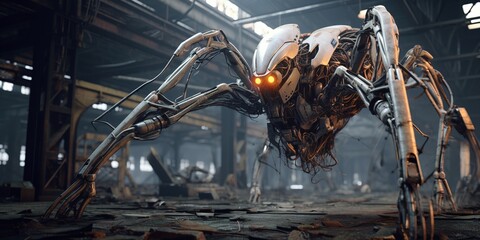 In an intricate scene, a robotic-biological hybrid alien creature, with sleek metallic limbs and pulsating organic textures, explores an abandoned factory, its sensors analyzing everything around - obrazy, fototapety, plakaty