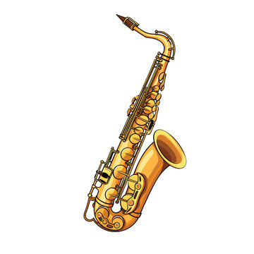 Golden saxophone on white background in cartoon style