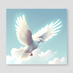 Digital 2D illustration, peace dove in light blue sky, soft and serene pastel hues, simple and clean design