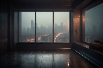 Scenic skyline of a rainy city from a posh room. Generative AI