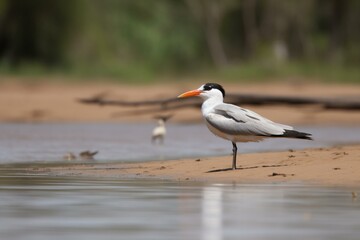 Tall tern on sandy riverbar in Pantanal, Brazil. Generative AI