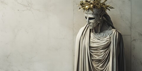 Portrait of a tall, silvery-skinned alien, draped in ancient Greek togas, with a laurel wreath, against a marble column backdrop